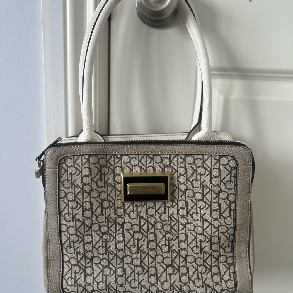 Calvin Klein Cream Shoulder Bag with Monogram Design